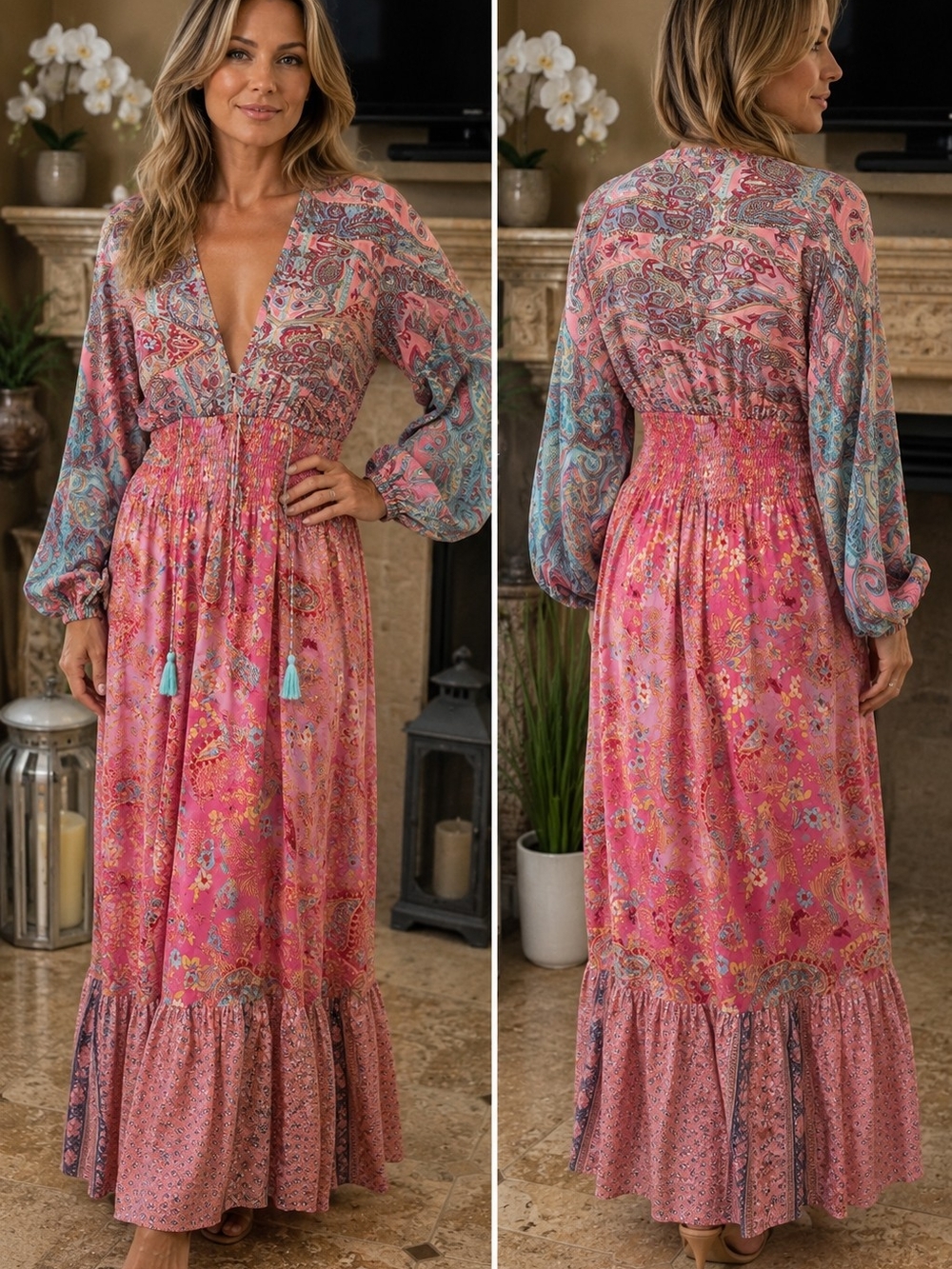 Boho Paisley Long Sleeve Maxi Dress in Pink